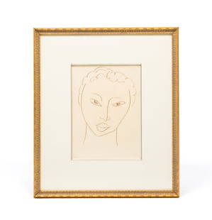 HENRI MATISSE (FRENCH, 1869-1954) "DEDICACE" LITHOGRAPH.: France, 20th Century. Color lithograph on paper. Female face in brown. Numbered 84/250. In a gold frame, matted with silver liner behind glass, 25.25"h. 21.75"w.