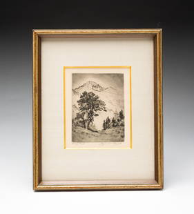 LYMAN BYXBE (AMERICAN, 1887-1980) "LONG'S PEAK" ETCHING.: American, 20th Century. Etching on paper. Depicting a mountain scene with trees, titled and signed in pencil at bottom. Image, 3.75"h. 3"w. With a linen mat having a gilt bevel and under glass in a wo