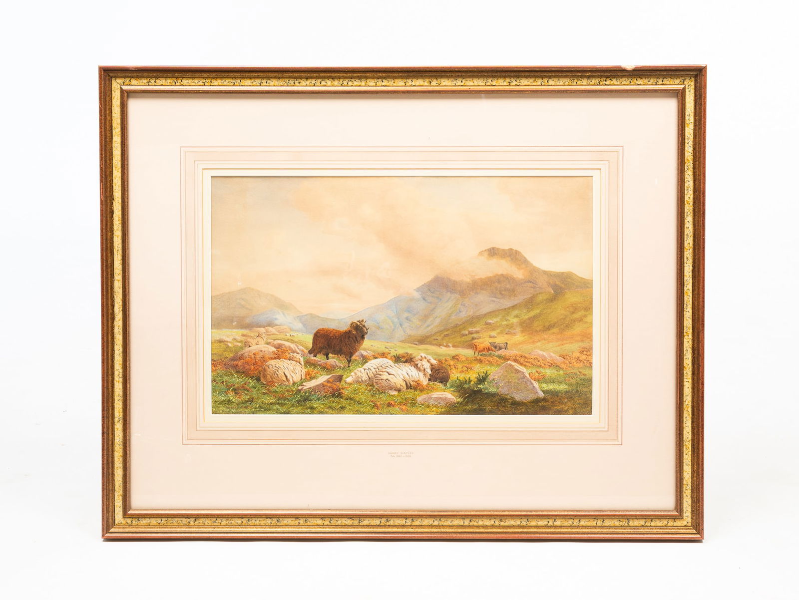 HENRY BIRTLES (BRITISH, 1838-1907) WATERCOLOR PASTORAL SCENE OF EWES, RAMS, AND BULLS. (1 of 4)