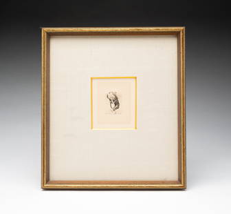 LYMAN BYXBE (AMERICAN, 1887-1980) "LET 'ER BUCK" ETCHING.: American, ca. 1940. Drypoint etching on paper. Depicting a bucking horse with rider, titled and signed in pencil at bottom. Image, 1.5"h. 1"w. With a linen mat having a gilt bevel and under glass in a