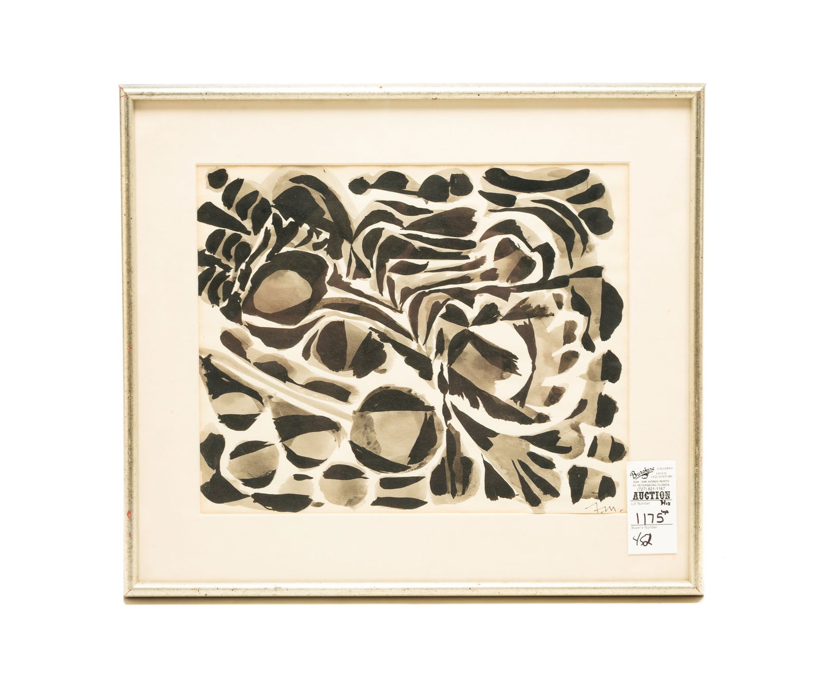 FLETCHER MARTIN (AMERICAN, 1904-1979) ABSTRACT INK AND INK WASH ON PAPER.: American, 20th Century. Initialed at bottom right. Sight, 10.5"h. 13.25"w. Matted and framed behind glass, 15.75"h. 18"w. Provenance: Buchard (St. Petersburg, Florida), July 22, 2018, lot 1175 (retain