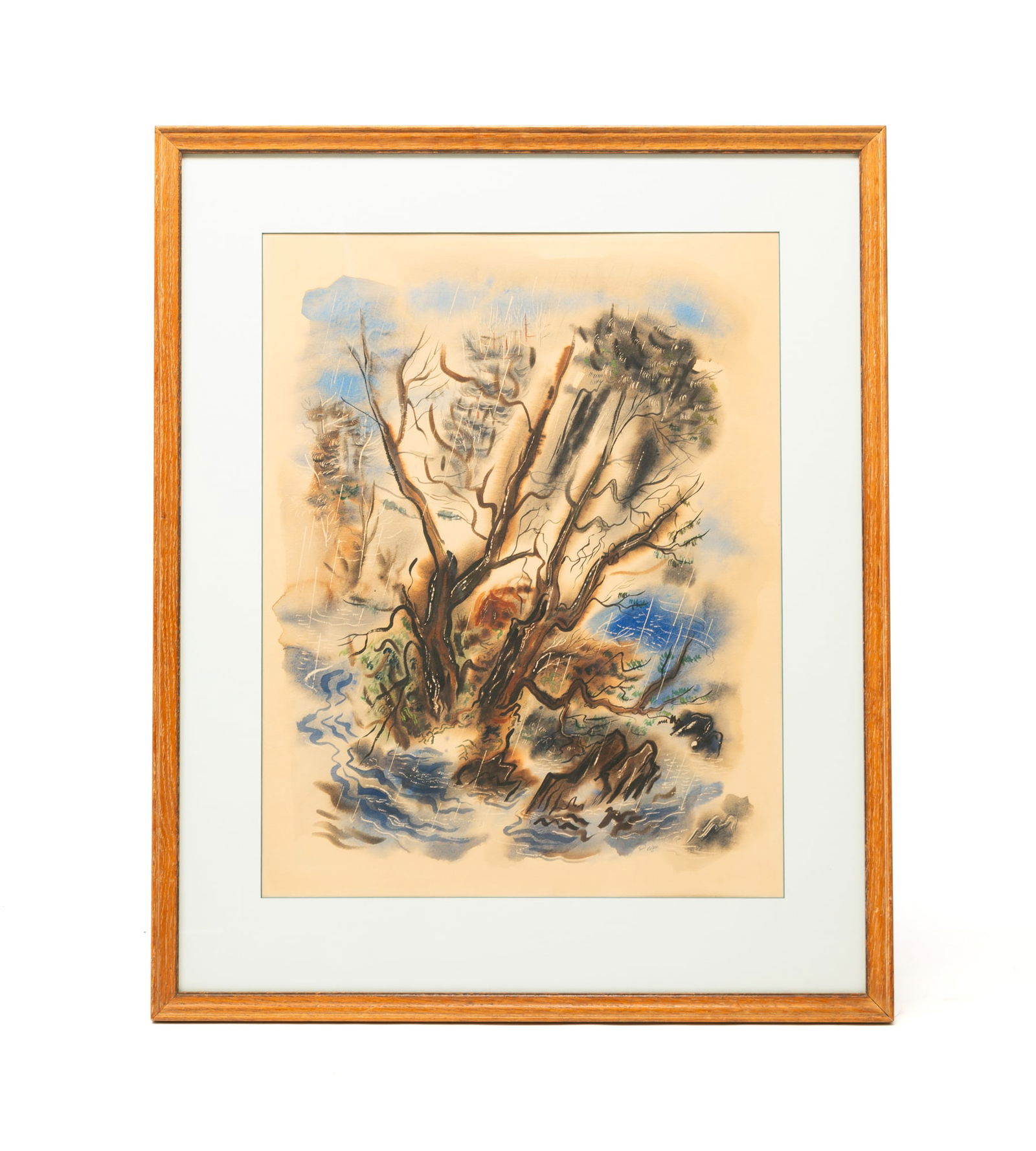 PAUL PETERS (AMERICAN, 20TH CENTURY) WATERCOLOR AND INK ON PAPER OF A TREE IN THE RAIN.: American, dated 1946. Depicting a gnarled tree in the rain, signed and dated to lower right. Sight, 24.75"h. 19.75"w. Framed, 33.5"h. 27.5"w. From the collection of Mark and Sandy Keily.