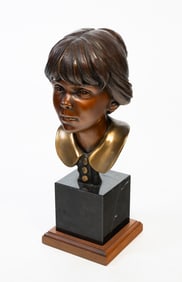 GEORGE LUNDEEN (AMERICAN, B. 1948) "ERICA STUDY #2" BRONZE BUST OF A YOUNG WOMAN.