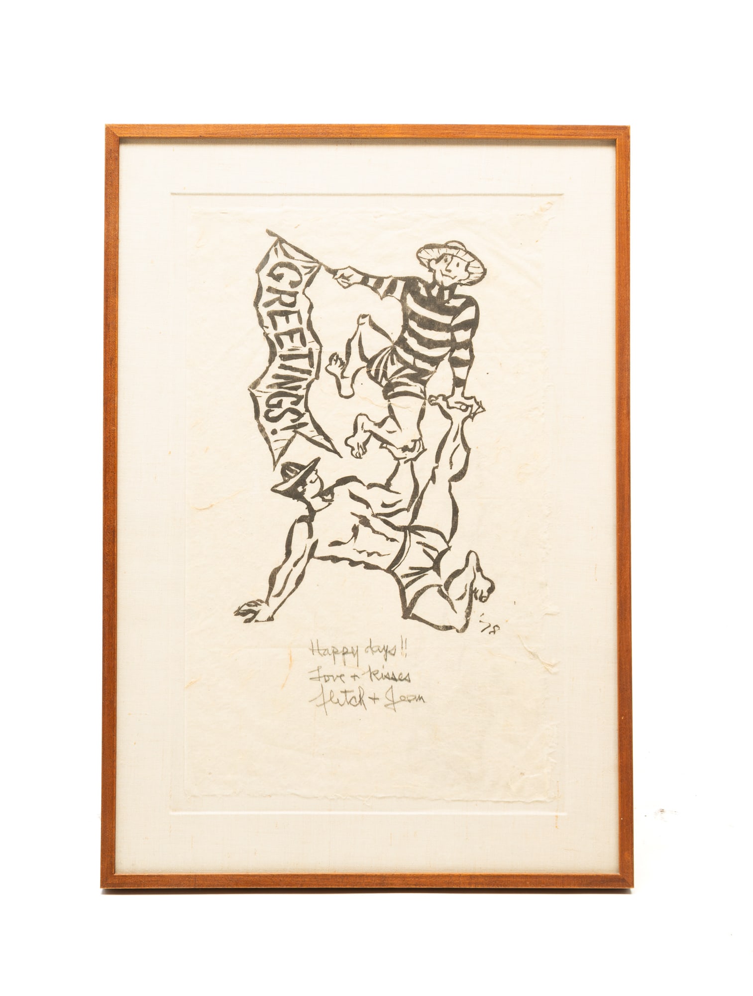 FLETCHER MARTIN (AMERICAN, 1904-1979) "GREETINGS" WOODBLOCK PRINT ON RICE PAPER.: Fletcher Martin (American, 1904-1979), dated 1978. Playful image of a man balancing on the hand and foot of another man, holding a flag that reads "Greetings," dated '78 on plate, having a personalize