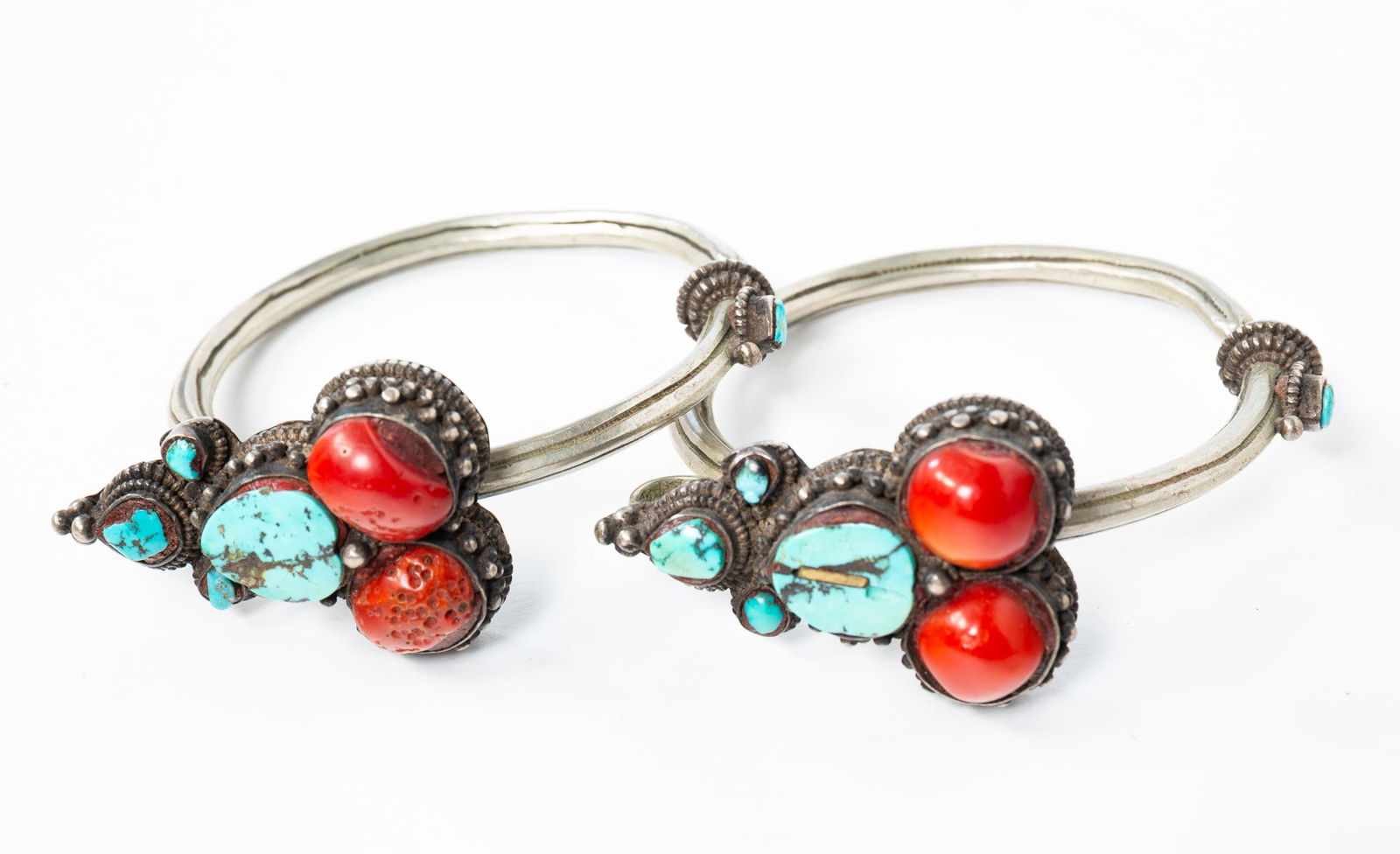 TWO LARGE TIBETAN TURQUOISE AND CORAL EAR PENDANTS OR EARRINGS. (1 of 2)