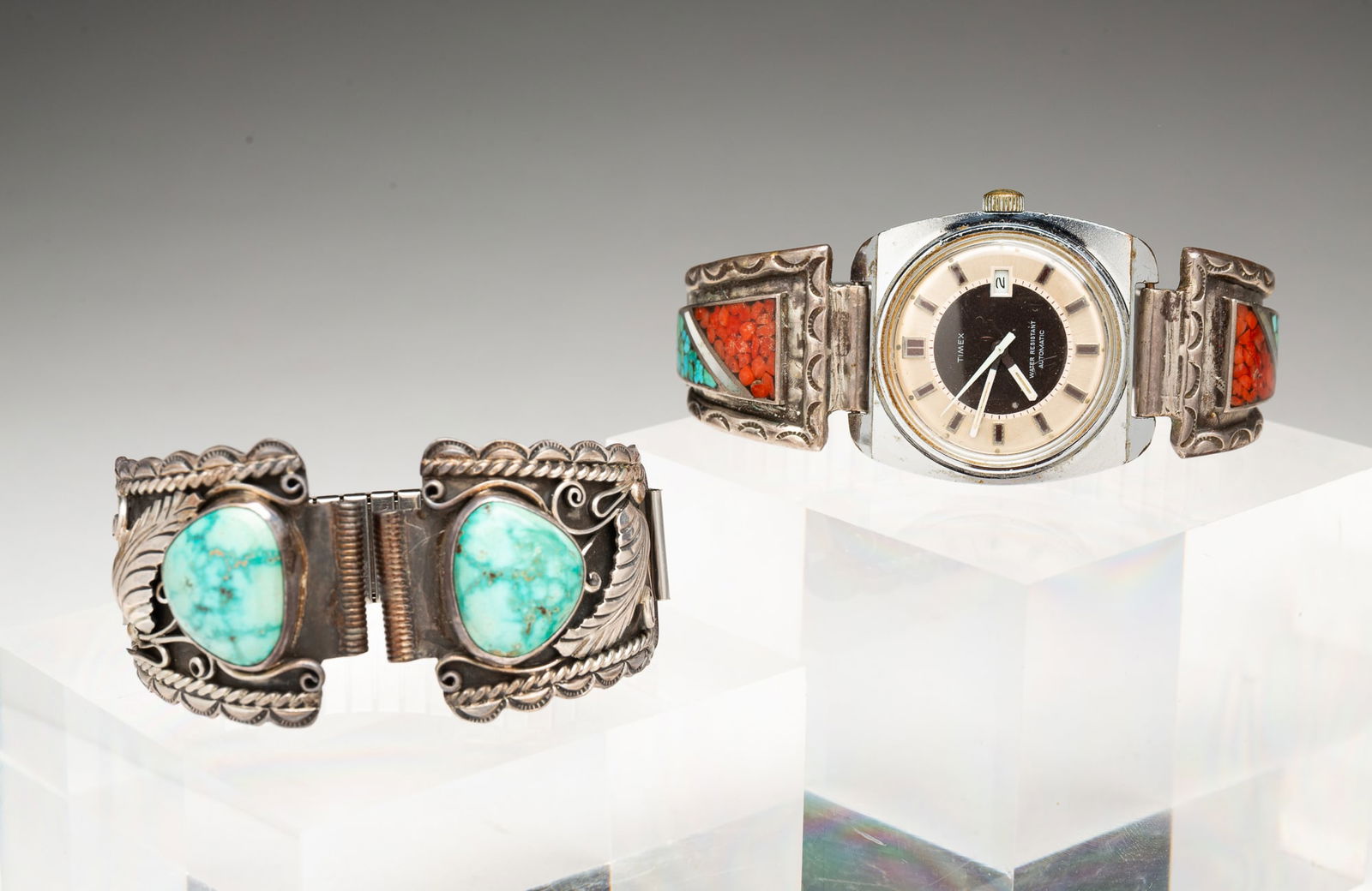 TWO NATIVE AMERICAN GEMSTONE WATCH MOUNTS. (1 of 3)