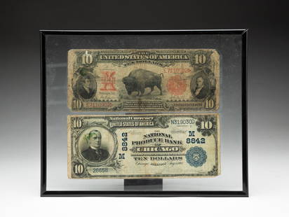 TWO EARLY AMERICAN TEN-DOLLAR BANK NOTES.: American, early 20th Century. A 1901 United States $10 note and a 1902 National Produce Bank of Chicago $10 note. Together in a double sided frame. 8"h.10"w.