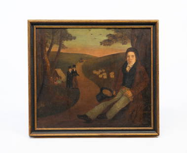 AMERICAN SCHOOL FOLK ART OIL ON CANVAS OF CAMPING SCENE.: American, 19th Century. Oil on canvas. View of a path going through the hills, people walking down the path, some people standing off to the side, a tent set up and a finely dressed man resting at the