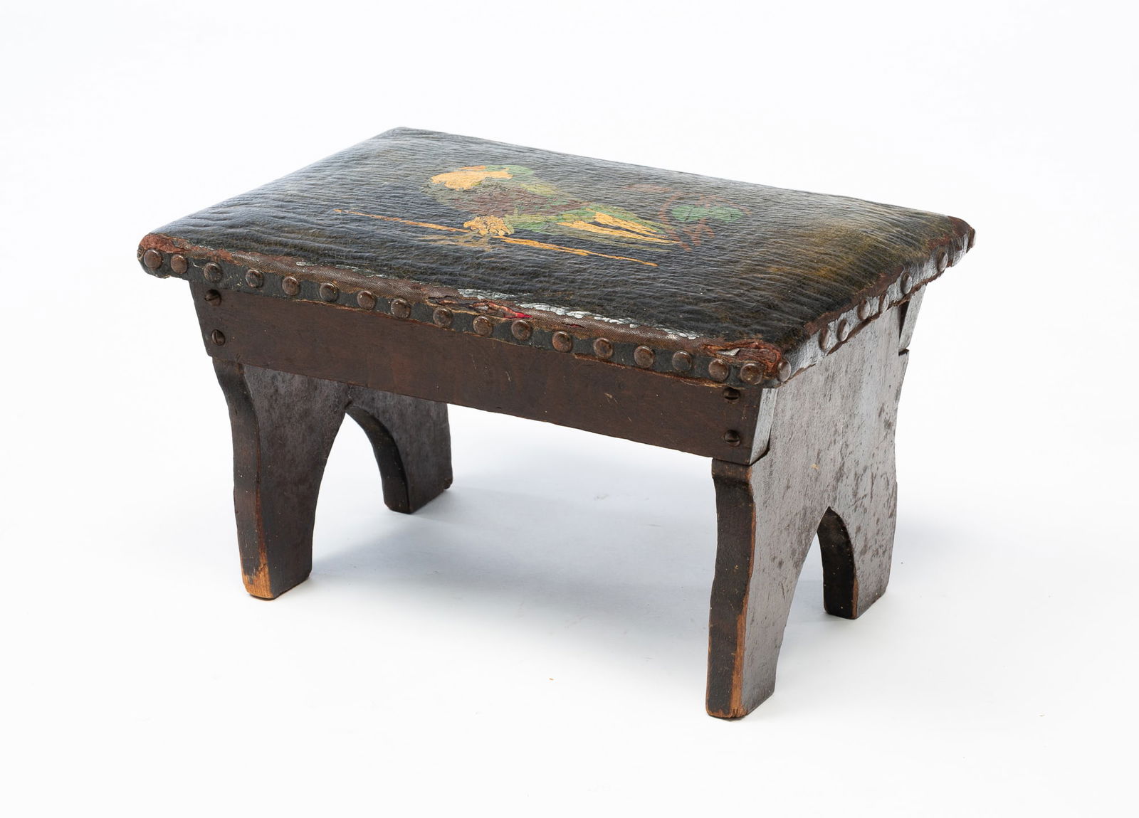 AMERICAN PAINT-DECORATED PINE AND LEATHER FOOTSTOOL. (1 of 4)