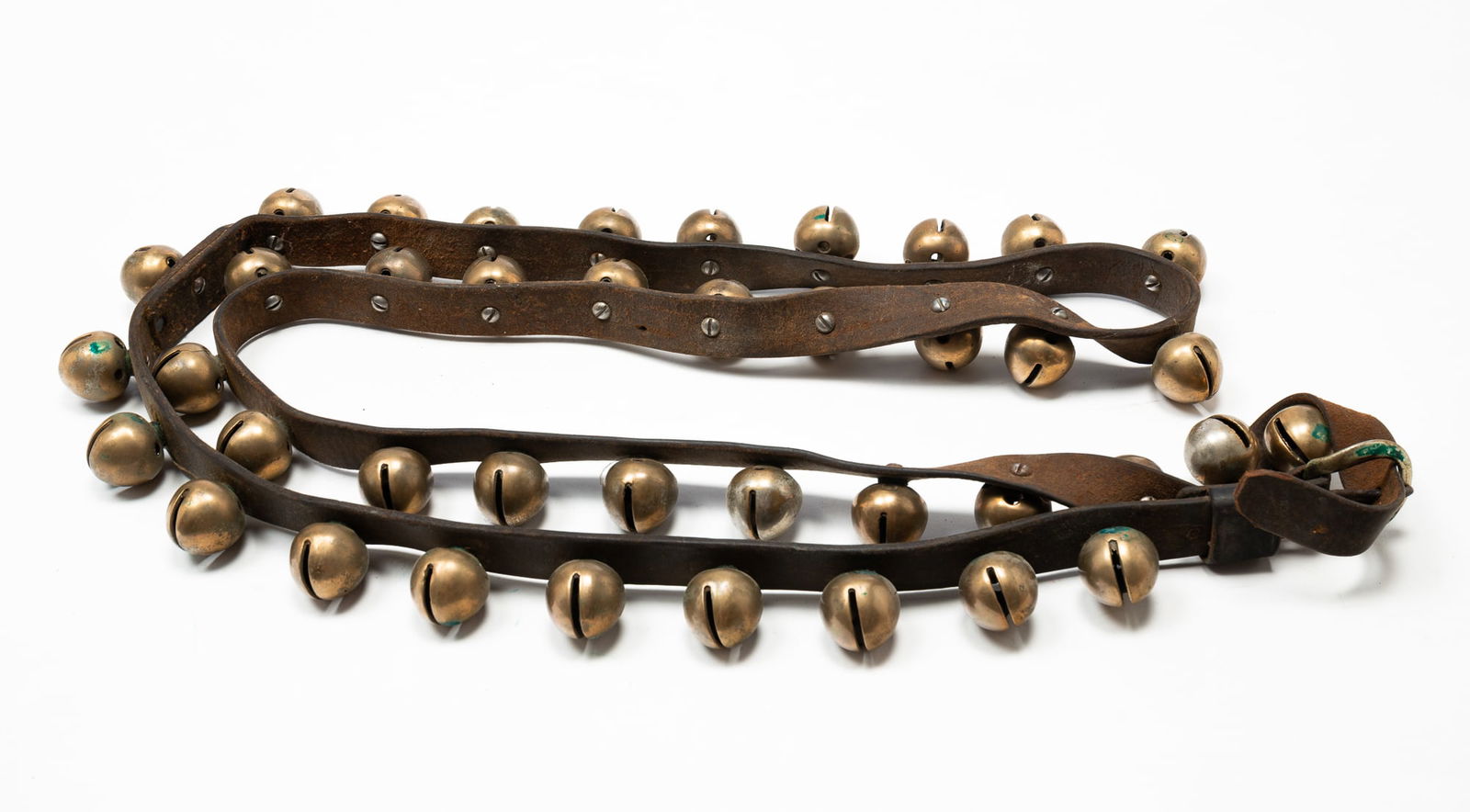 LEATHER STRAP WITH BRASS SLEIGH BELLS. (1 of 2)