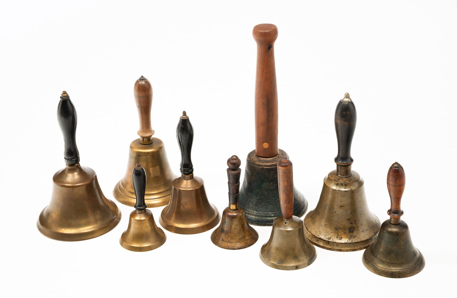 NINE AMERICAN BRASS SCHOOL BELLS. (1 of 5)