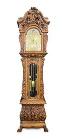 J. ELLIOT ORNATELY CARVED TALL CASE CLOCK.