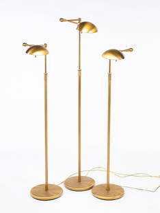 THREE GERMAN HOLTKOTTER LEUCHTEN BRASS ADJUSTABLE SWING ARM FLOOR LAMPS.: Germany, circa 1980. Each having a half dome shade on a swing arm attached to adjustable height stem on a weighted circular base, marked "Holtkotter Leuchten" on underside. Adjusts from 38" to 55.5"h.