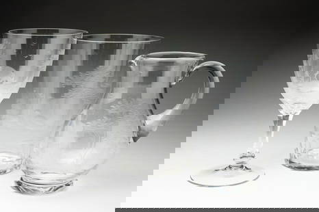 THREE QUEEN LACE WILDLIFE ENGRAVED CRYSTAL TABLE ACCESSORIES.: Germany, 20th Century. Large vase with quail, 8"h. Footed goblet with a fox and pheasants, 8.5"h. Handled pitcher with a giraffe, 7.5"h.