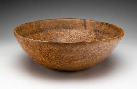 NATIVE AMERICAN CARVED BURL BOWL.: Americans, 19th Century. Nice color and surface with some rim cracks, one has been filled in with dark filler. 4.75"h. 13.75"d.