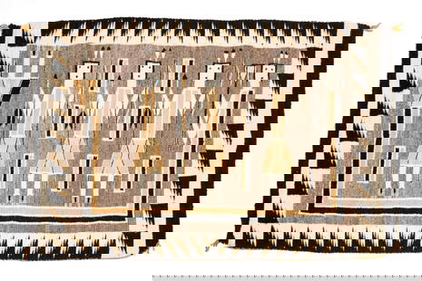 NAVAJO PICTORIAL YEI RUG.: Navajo, 20th Century. Three Yei figures holding bows and arrows, surrounded by a rainbow Yei and with blue woven earring accents. 2' 11"h. 4' 5"w.
