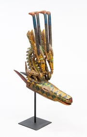 CARVED AND PAINTED WOODEN ANIMAL FORM CEREMONIAL HEADDRESS.