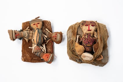 TWO GROUPS OF PERUVIAN CHANCAY CLOTH BURIAL DOLLS.
