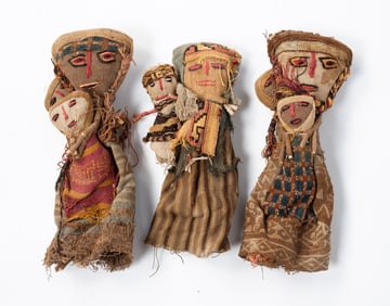 THREE PERUVIAN CHANCAY CLOTH BURIAL DOLLS.