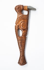 FRENCH POLYNESIAN WOOD AND STONE ADZE OR CEREMONIAL AXE.