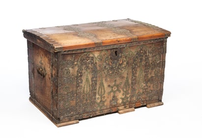 NORTH AFRICAN BRASS-STUDDED ELM AND PINE CHEST.
