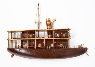 AMERICAN FOLK ART WALL-MOUNTED STEAMSHIP MODEL.