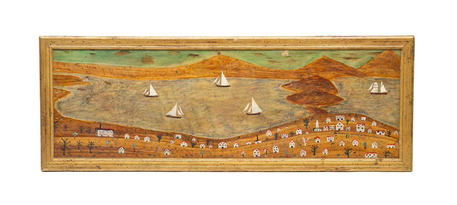 AMERICAN FOLK ART OIL ON BOARD HARBOR SCENE WITH SHIPS AND HOUSES.: American, 20th Century. Oil on board. Unsigned. A waterside house filled village, with masted sail boats on the water. In a giltwood frame, 14.5"h. 38.75"w.