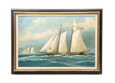 AMERICAN SCHOOL OIL ON CANVAS OF MASTED SAILING SHIPS.