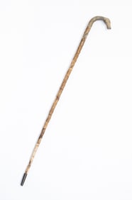 AMERICAN FOLK ART HORN CANE WITH CAST METAL HORSE HEAD HANDLE.