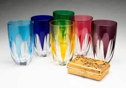 SIX FABERGÉ "LAUSANNE" CUT-TO-CLEAR CRYSTAL HIGHBALLS PLUS FABERGÉ PORCELAIN TRINKET BOX.