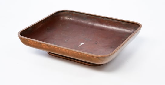 DIRK VAN ERP (DUTCH, 1862-1933) HAMMERED COPPER FOOTED RECTANGULAR BOWL.
