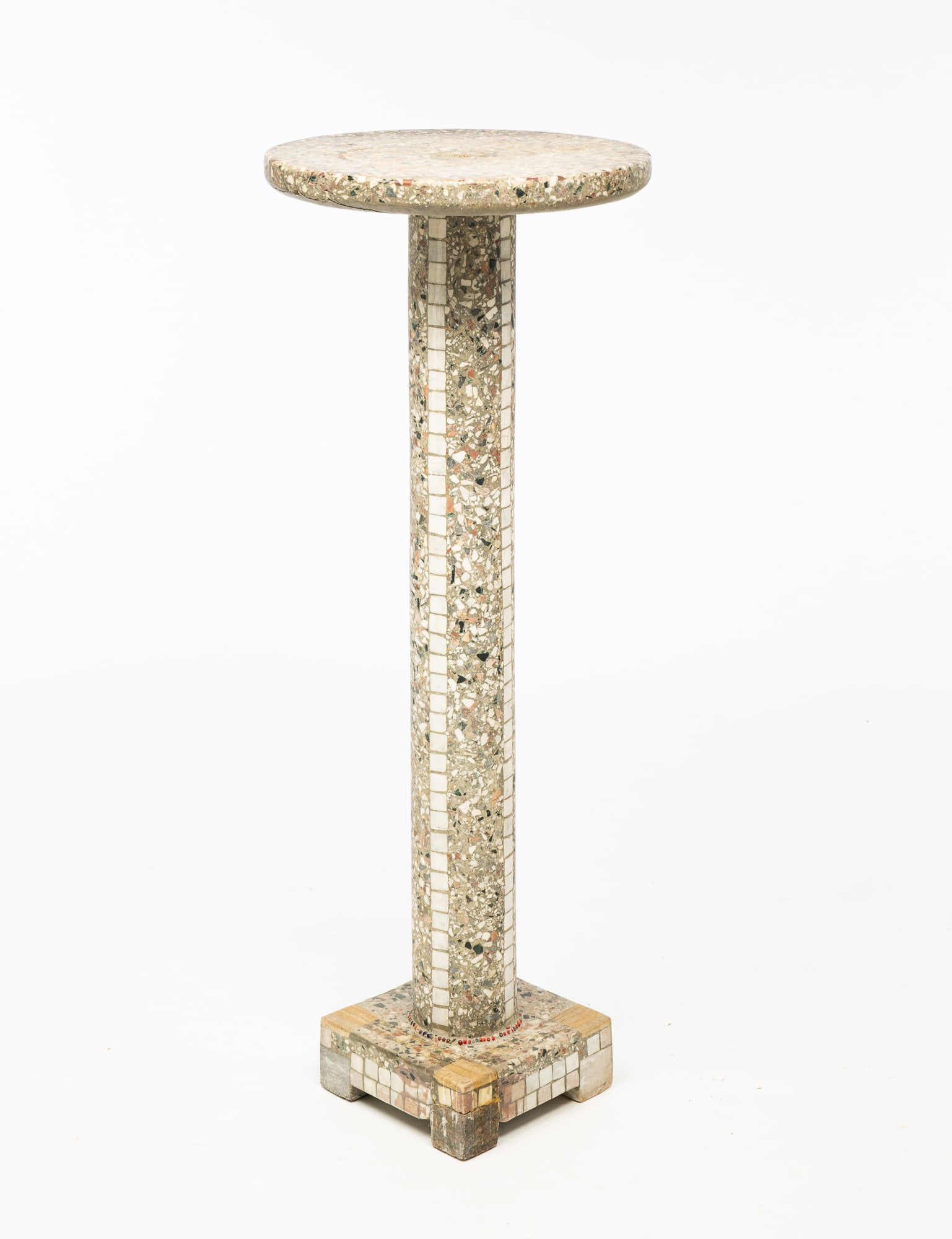 ITALIAN TERRAZZO MOSAIC PEDESTAL.: Italy, 20th Century. Concrete. Round top, central column and square base. 40.75"h. 15"d.