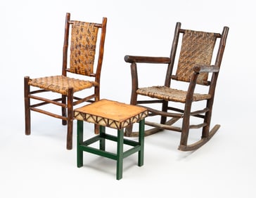 PAIR OF ADIRONDACK OLD HICKORY STYLE CHAIRS AND TABLE.