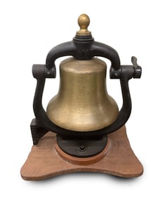 BELL METAL STEAM LOCOMOTIVE BELL WITH YOKE AND STAND.