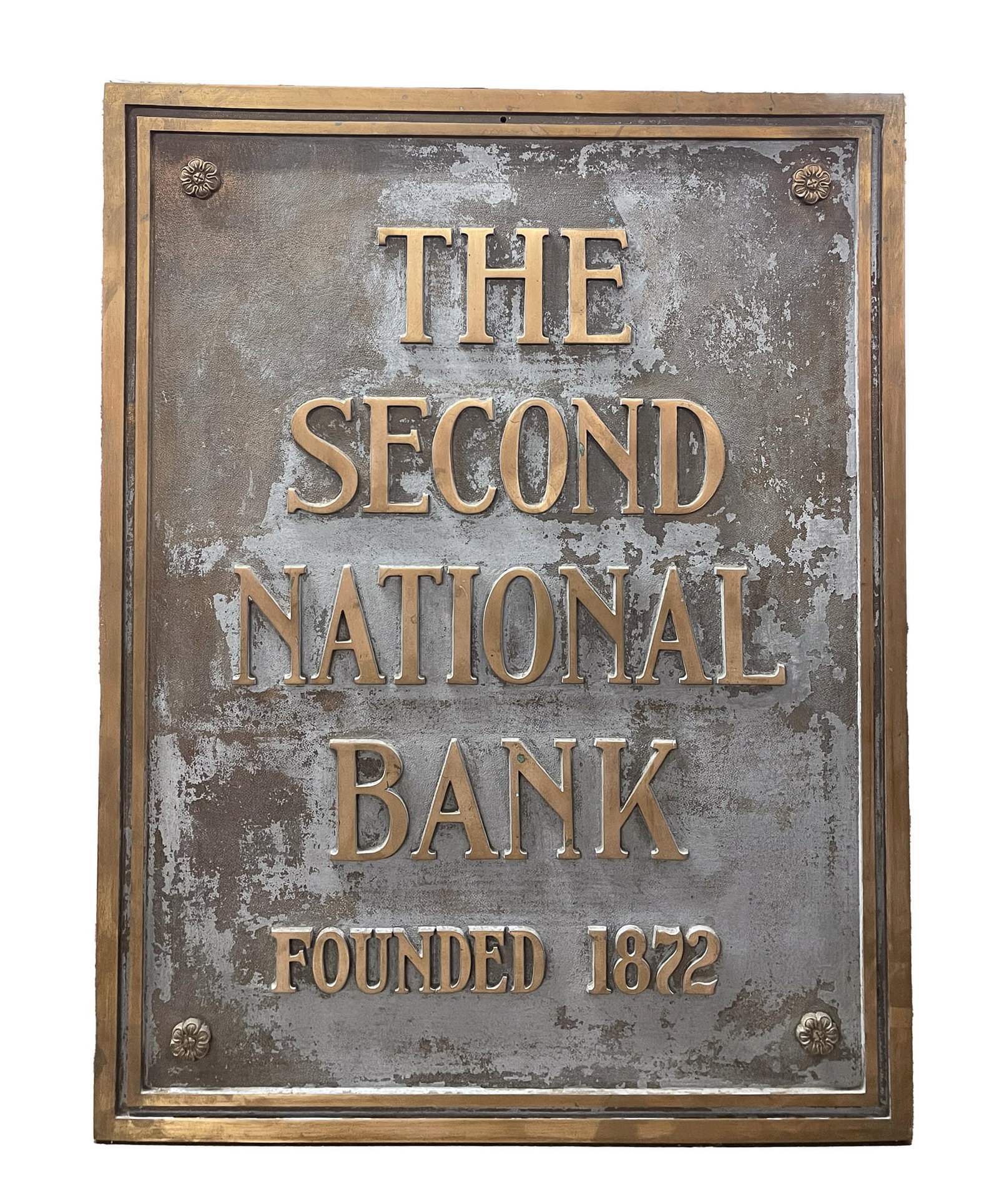 CAST BRASS "SECOND NATIONAL BANK" SIGN.: American, 19th Century. Raised double border and lettering "THE SECOND NATIONAL BANK FOUNDED 1872" with corner rosettes. 34.25"h. 28"w.