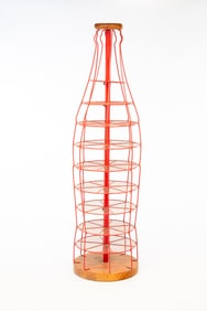 COCA-COLA RED-PAINTED WIREWORK AND HARDWOOD BOTTLE-FORM RETAIL DISPLAY RACK.