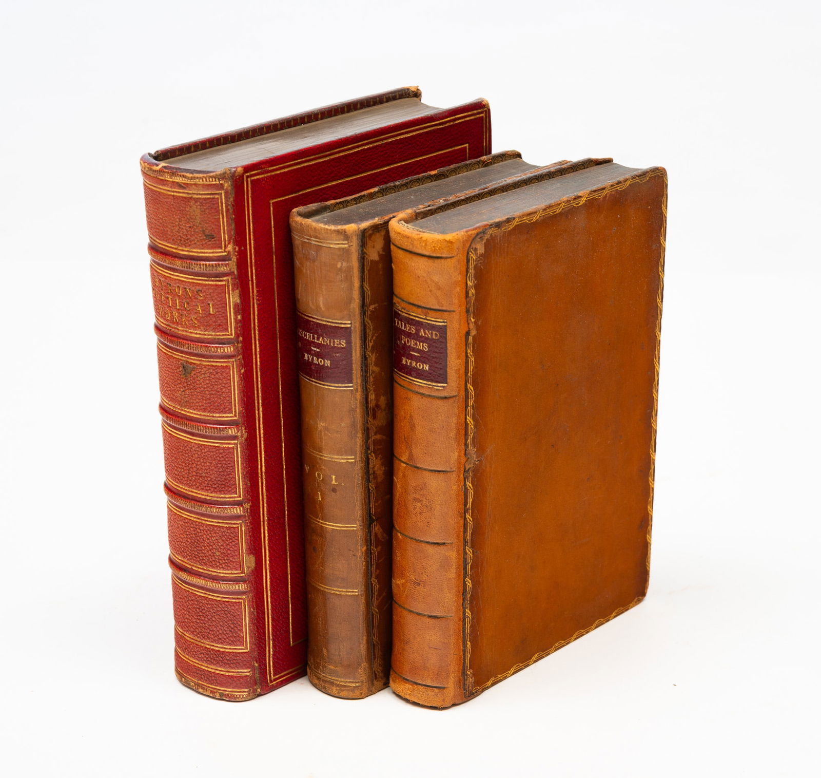THREE LEATHER BOUND VOLUMES OF LORD BYRON. (1 of 7)