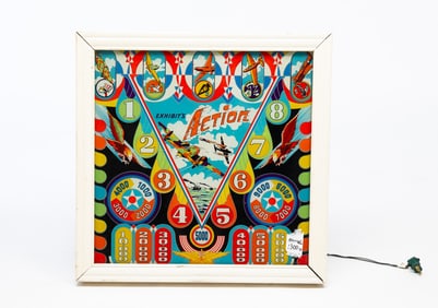 FRAMED AND BACK-LIT REVERSE-PAINTED "ACTION" PINBALL BACK GLASS PANEL.