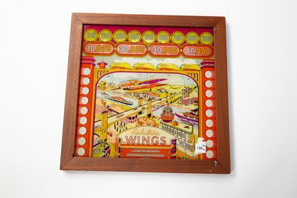FRAMED REVERSE-PAINTED "WINGS" PINBALL BACK GLASS PANEL.