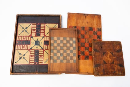FOUR AMERICAN PAINTED WOOD GAME BOARDS.