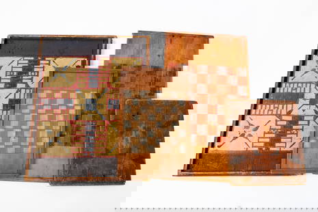 FOUR AMERICAN PAINTED WOOD GAME BOARDS.: American, 19th/20th Century. Pine. Two single-sided checkerboards, a single-sided parcheesi board, and a double-sided checkerboard/parcheesi board. Largest, 21"h. 27.25"w.