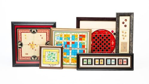 SIX FRAMED GAMEBOARDS AND GAME RELATED ITEMS, INCL. PARK AND SHOP AND PENTE.
