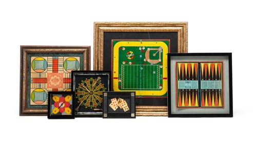 SIX FRAMED GAMEBOARDS AND GAME ACCESSORIES, INCL. PARCHISI AND BACKGAMMON.
