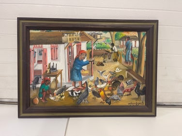 WILSON BIGAUG (HAITIAN, 1931-2010) OIL ON BOARD OF BUSY FARM SCENE.
