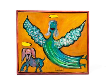 BRIAN DOWDALL (AMERICAN, 1948-2018) "GUARDIAN ANGEL OF DOGS" PAINT ON CARDBOARD.