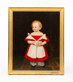 AMERICAN SCHOOL OIL ON CANVAS FULL-LENGTH PORTRAIT OF A CHILD IN RED DRESS.
