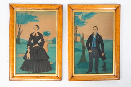 PAIR OF FOLK ART WATERCOLOR AND GOUACHE PORTRAITS OF A LADY AND GENTLEMAN.