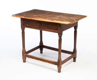 AMERICAN WILLIAM AND MARY REDDISH-BROWN PAINTED PINE TAVERN TABLE.