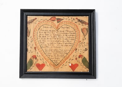 PENNSYLVANIA INK, TEMPERA, AND WATERCOLOR FRAKTUR WITH HEARTS AND BIRDS, DATED 1813.