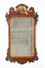 AMERICAN CHIPPENDALE FRET-CARVED MAHOGANY AND PARCEL-GILT MIRROR WITH SPREAD-WINGED EAGLE.